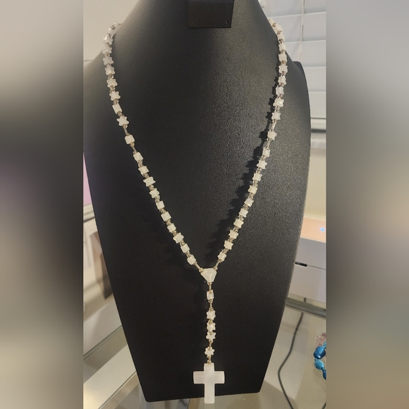 Jewelry - Elegant White Beaded Cross Necklace ( Tourmaline), 18.5".